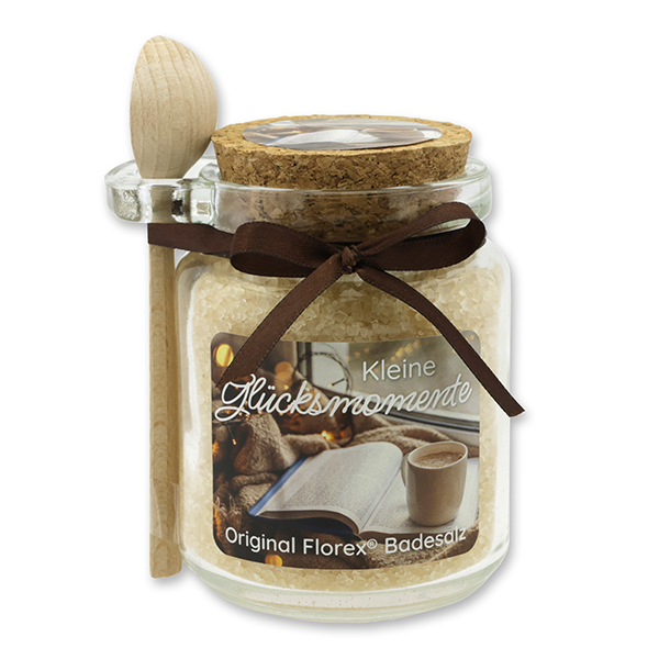 Bath salt 300g in a glass jar with a wooden spoon "Kleine Glücksmomente", Swiss pine 