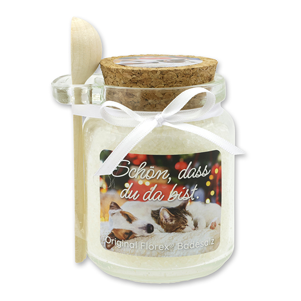 Bath salt 300g in a glass jar with a wooden spoon "Schön, dass du da bist", Classic 