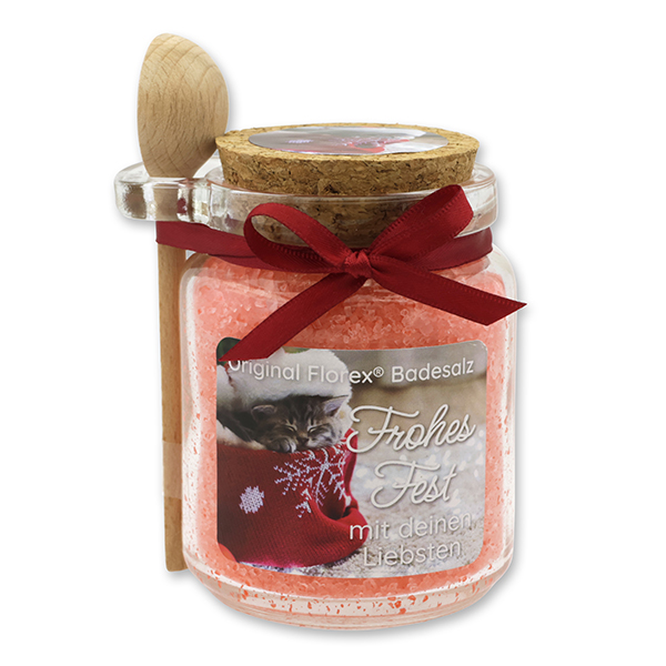 Badesalz 300g im Glas mit Holzlöffel "Frohes Fest mit deinen Liebsten", Granatapfel 