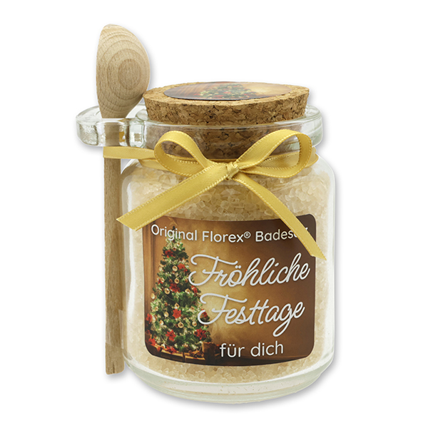 Badesalz 300g im Glas mit Holzlöffel "Fröhliche Festtage für dich", Zirbe 