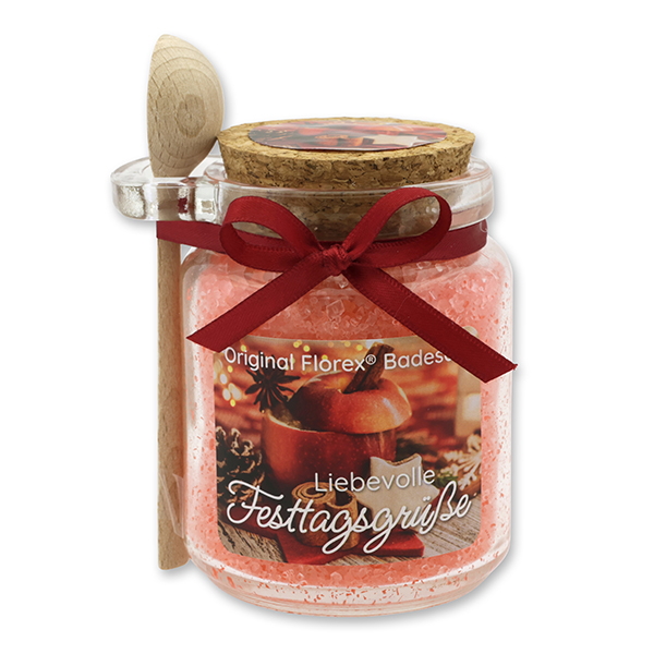 Badesalz 300g im Glas mit Holzlöffel "Liebevolle Festtagsgrüße", Granatapfel 