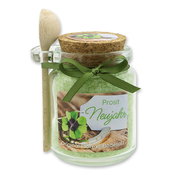 Bath salt 300g in a glass jar with a wooden spoon "Prosit Neujahr", Verbena 