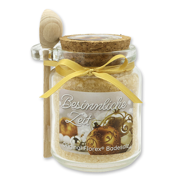 Bath salt 300g in a glass jar with a wooden spoon "Besinnliche Zeit", Swiss pine 