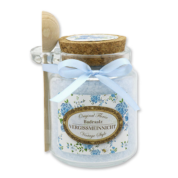 Bath salt 300g in a glass jar with a wooden spoon "Vintage motif 114", Forget-me-not 