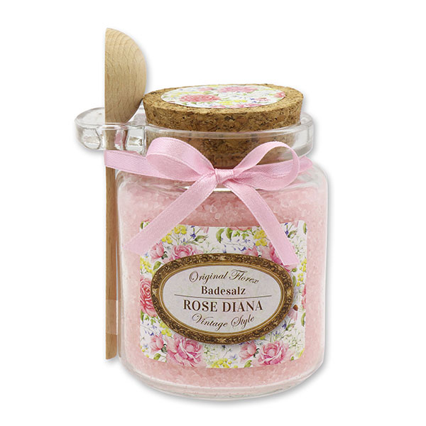 Bath salt 300g in a glass jar with a wooden spoon "Vintage motif 192", Rose Diana 