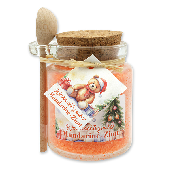 Bath salt 300g in a glass jar with a wooden spoon "Christmas magic motif 29", Tangerine-cinnamon 