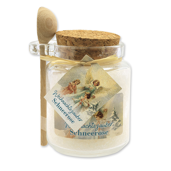 Bath salt 300g in a glass jar with a wooden spoon "Christmas magic motif 7", Christmas rose white 