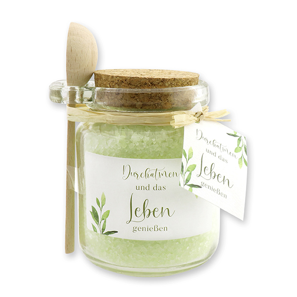 Bath salt 300g in a glass jar with a wooden spoon "Durchatmen und...", Olive oil 