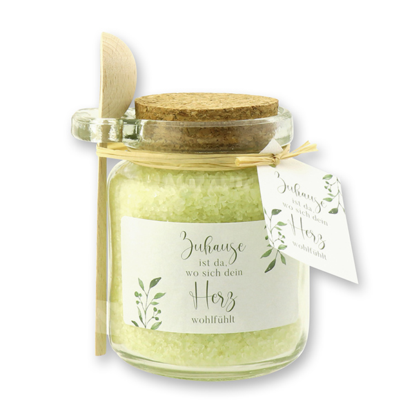 Bath salt 300g in a glass jar with a wooden spoon "Zuhause ist da...", Herbs 