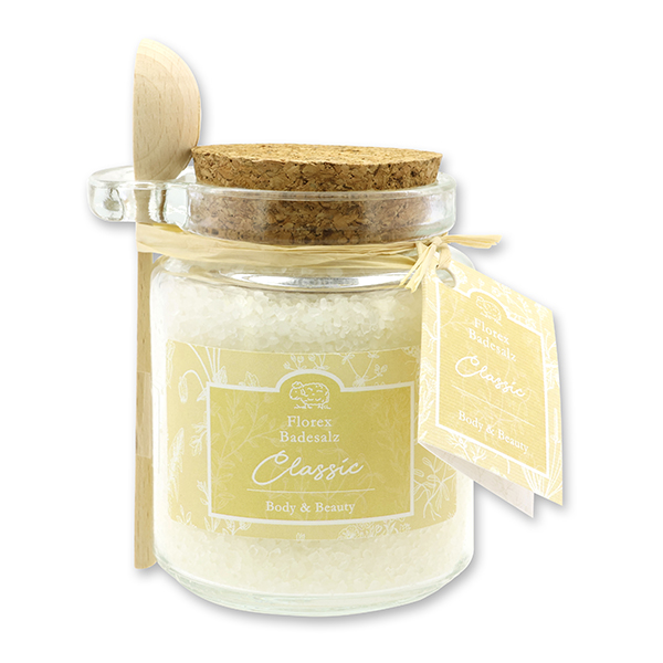 Bath salt 300g in a glas with a wooden spoon decorated "Florentine", Classic 