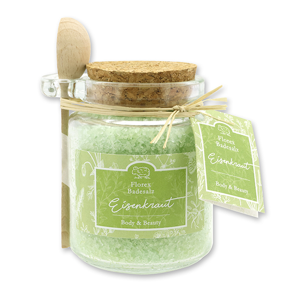 Bath salt 300g in a glas with a wooden spoon decorated "Florentine", Verbena 