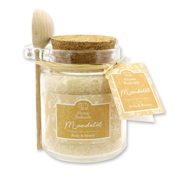 Bath salt 300g in a glas with a wooden spoon decorated "Florentine", Almond oil 