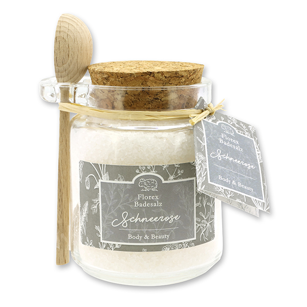 Bath salt 300g in a glas with a wooden spoon decorated "Florentine", Christmas rose 