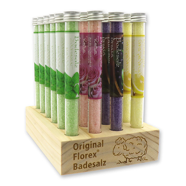 Aufsteller Holz befüllt mit Badesalz in der Phiole 28g, sortiert 