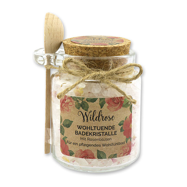 Bath salt 300g in a glass jar with a wooden spoon "feel-good time", Wild rose 