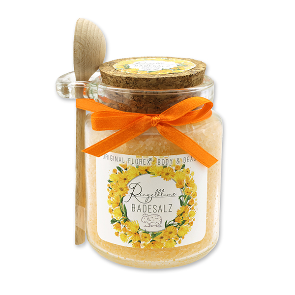Bath salt 300g in a glass jar with a wooden spoon, Marigold 
