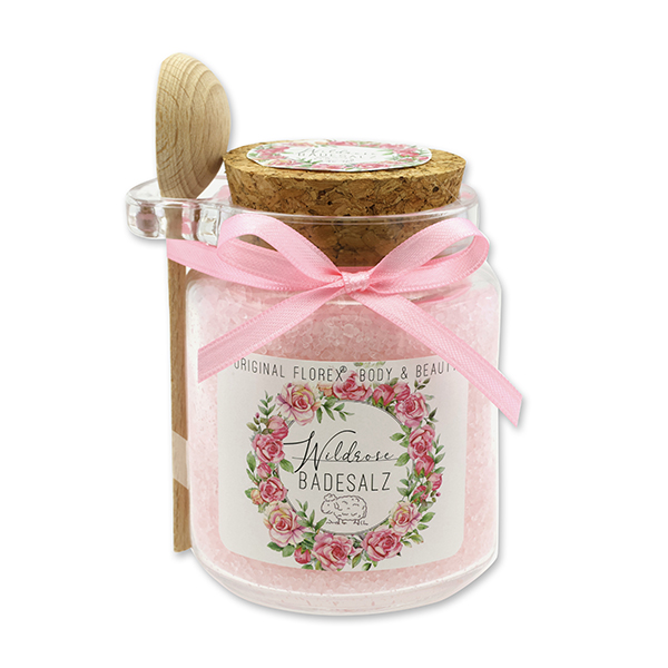 Bath salt 300g in a glass jar with a wooden spoon, Wild rose 