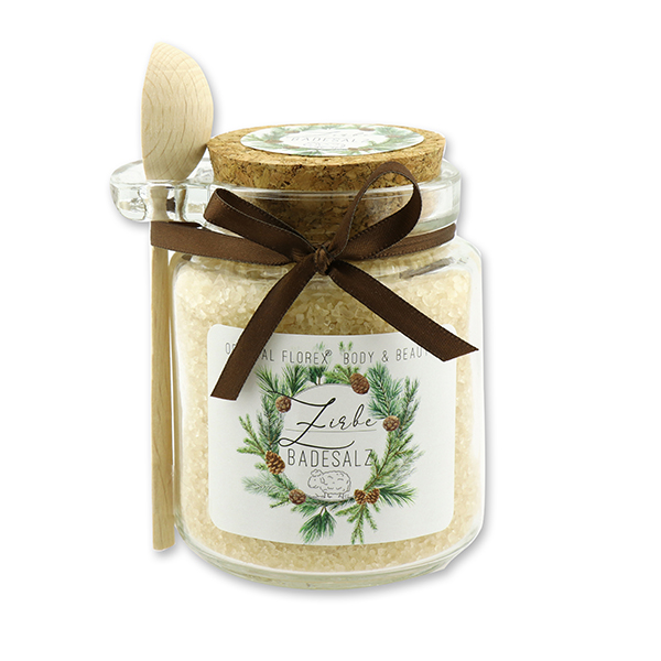 Bath salt 300g in a glass jar with a wooden spoon, Swiss pine 