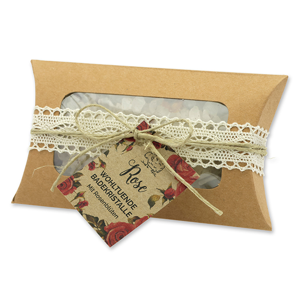 Badesalz 120g im Kissen mit Sichtfenster "Wohlfühlzeit", Rose mit Blüten 