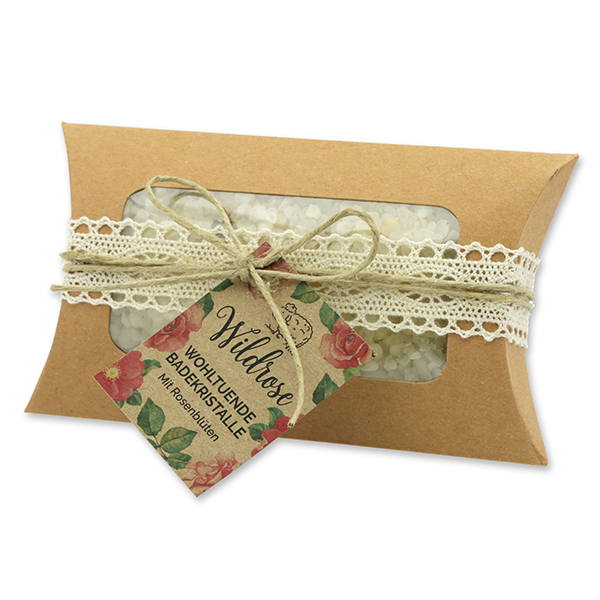 Badesalz 120g im Kissen mit Sichtfenster "Wohlfühlzeit", Wildrose 