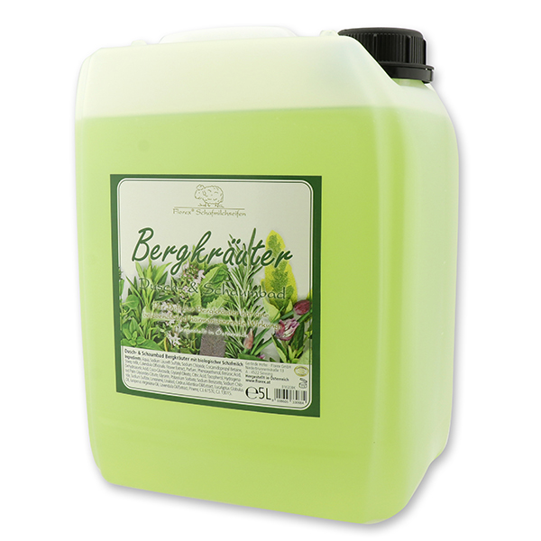 Shower- & foam bath with organic sheep milk refill 5L in a canister, Mountain herbs 