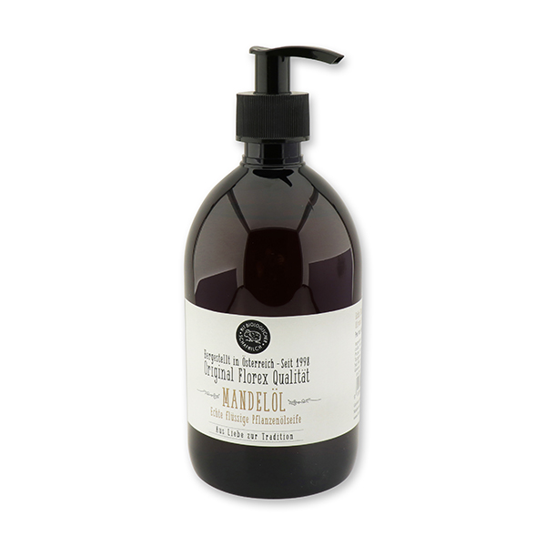 Liquid plant oil soap with sheep milk 500ml "Aus Liebe zur Tradition", in a dispenser, Almond oil 