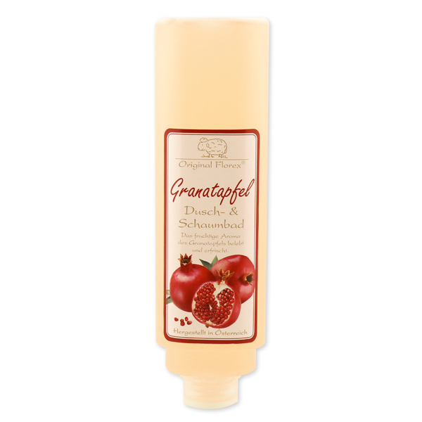 Shower- and foam bath with organic sheep milk 420ml in a dispenser for a wall holder, Pomegranate 