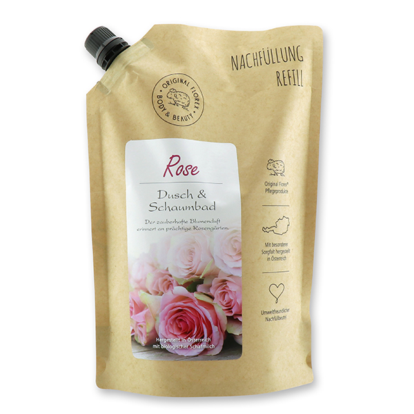 Shower- & foam bath with organic sheep milk 1L in a refill-bag, Rose 