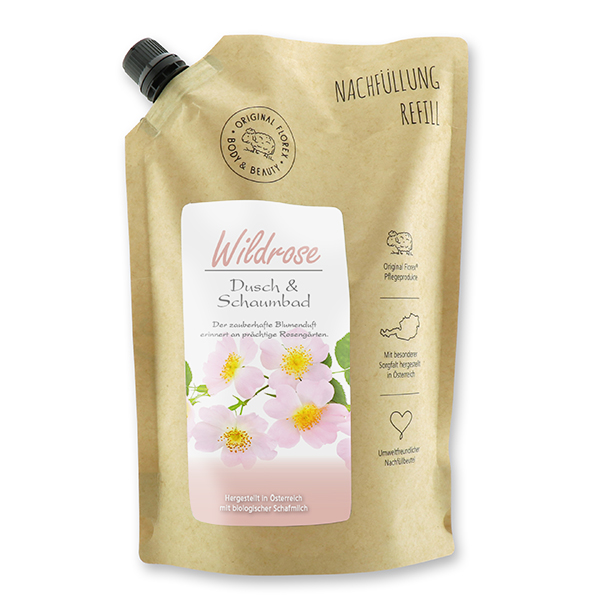 Shower- & foam bath with organic sheep milk 1L in a refill-bag, Wild rose 