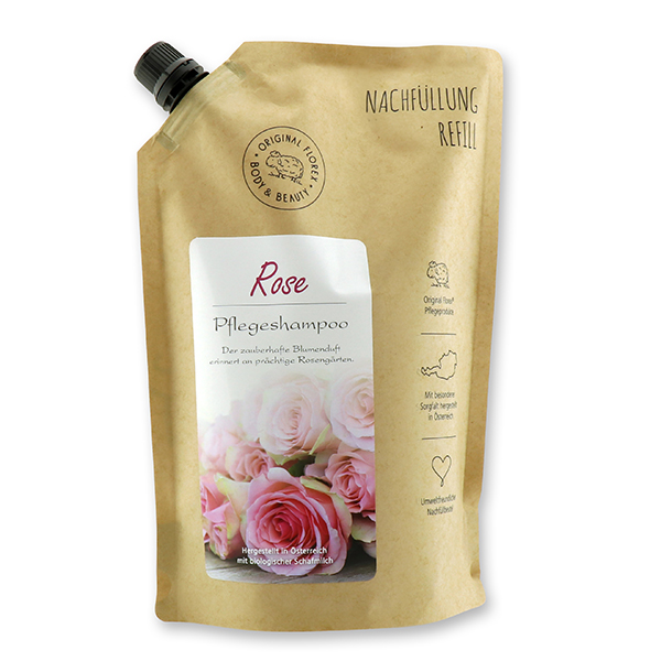 Pflegeshampoo Hair&Body mit biologischer Schafmilch 1L im Nachfüll-Beutel, Rose 