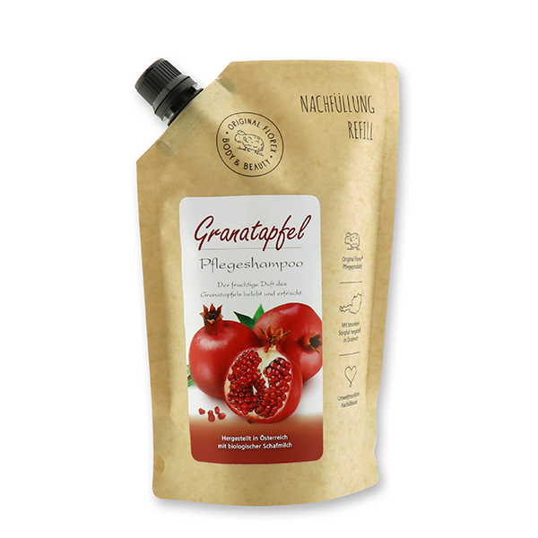 Pflegeshampoo Hair&Body mit biologischer Schafmilch 500ml im Nachfüll-Beutel, Granatapfel 