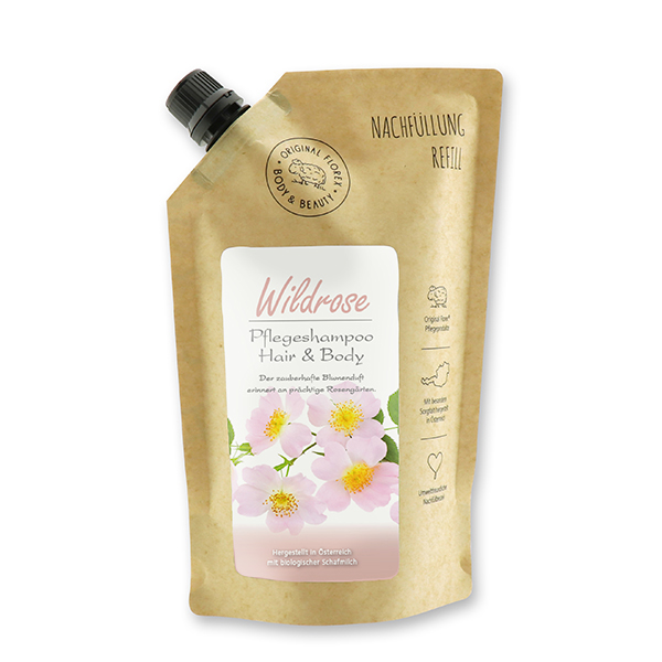 Shampoo hair&body with organic sheep milk 500ml in a refill-bag, Wild rose 