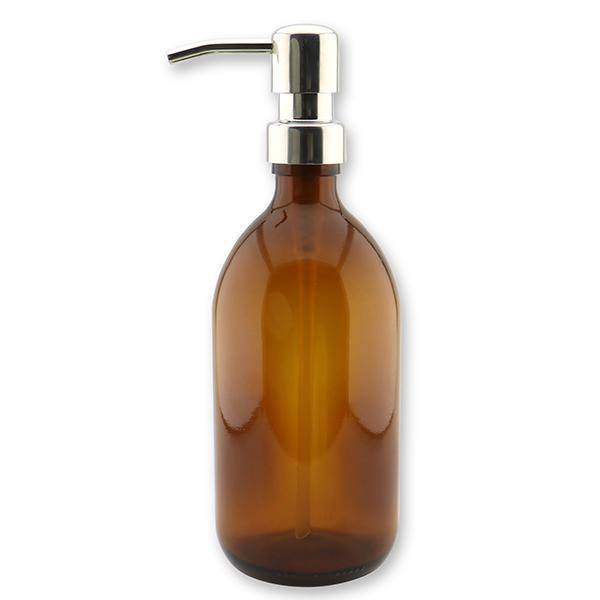 Glass bottle 500ml brown with metal pump shiny silver 