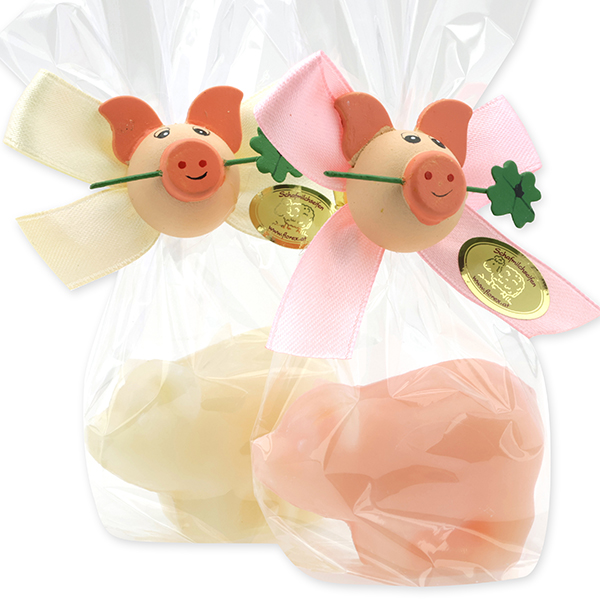 Schafmilchseife Glücksschweinchen rund 40g, dekoriert mit Glücksschweinchen in Cello, Classic/Pfingstrose 