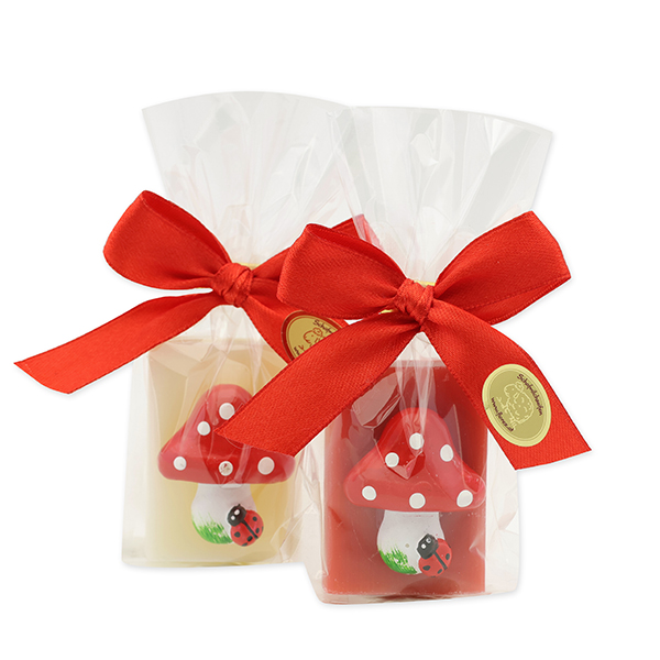 Sheep milk guest soap 25g decorated with a mushroom in a cellophane, classic/pomegranate 