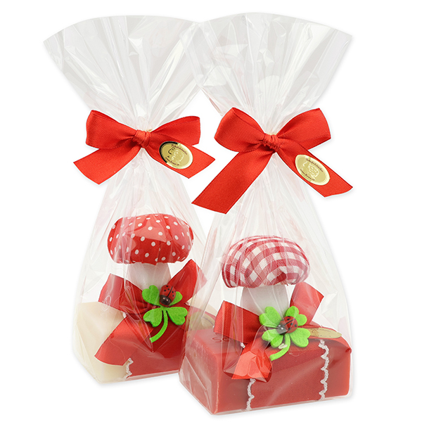 Sheep milk soap 100g decorated with a mushroom in a cellophane, Classic/pomegranate 