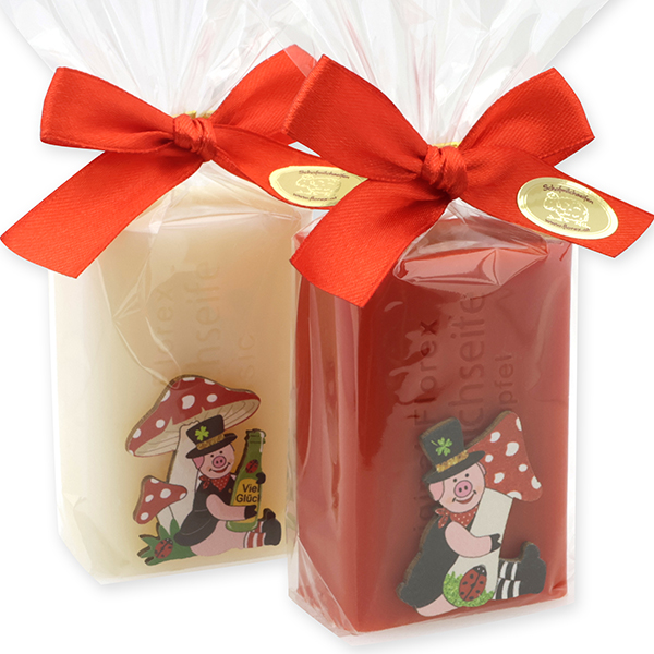 Schafmilchseife eckig 100g dekoriert mit Glücksschwein, Classic/Granatapfel 