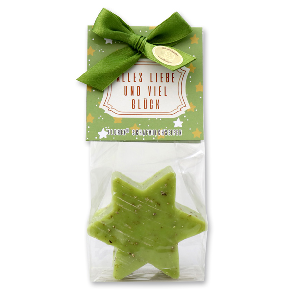 Sheep milk soap star 80g in a cellophane bag "Alles Liebe und viel Glück", Verbena 