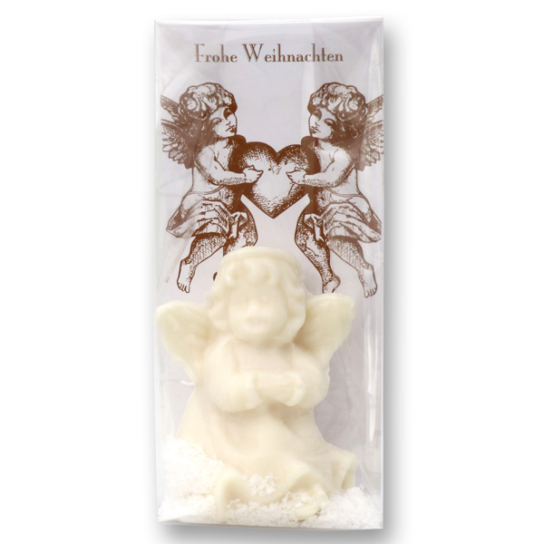 Sheepmilk soap angel 50g christmas rose white, "Frohe Weihnachten", packed in a cellophane bag 