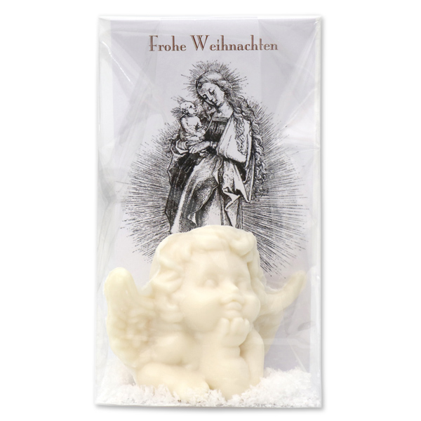 Schafmilchseife Traumengel groß 50g in Cello "Frohe Weihnachten", Schneerose 