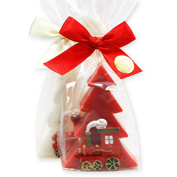 Schafmilchseife Tannenbaum 75g, dekoriert mit Lokomotive in Cello, Classic/Granatapfel 