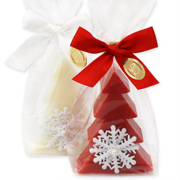 Schafmilchseife Tannenbaum 75g, dekoriert mit Schneeflocke in Cello, Classic/Granatapfel 