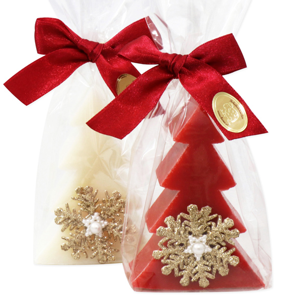 Schafmilchseife Tannenbaum 75g dekoriert mit Schneeflocke in Cello, Classic/Granatapfel 