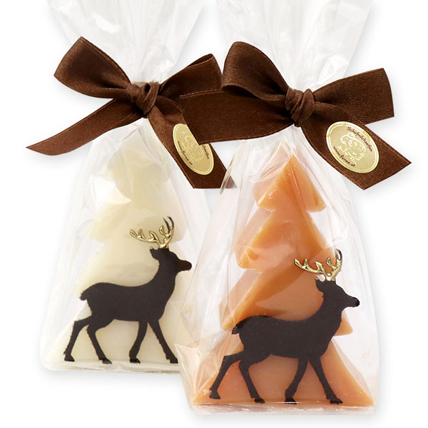 Schafmilchseife Tannenbaum 75g dekoriert mit Filzhirsch in Cello, Classic/Quitte 