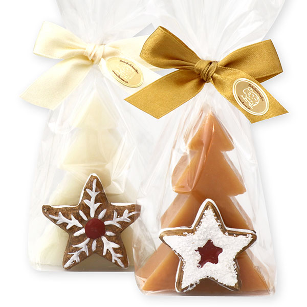 Schafmilchseife Tannenbaum 75g dekoriert mit Lebkuchen in Cello, Classic/Quitte 