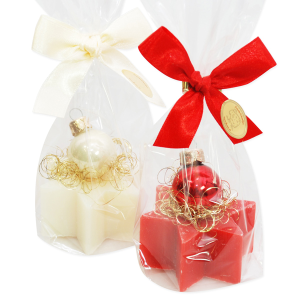 Sheep milk soap star 40g decorated with a christmas ball in a cellophane, Classic/pomegranate 