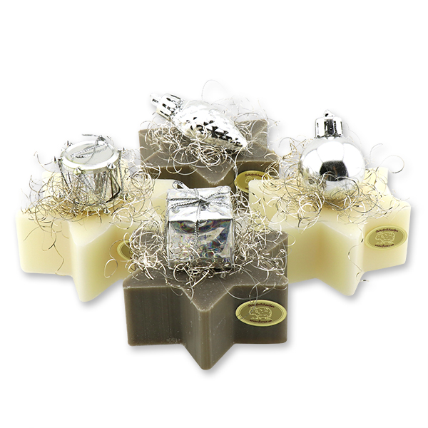 Sheep milk soap star 80g, decorated with christmas decorations, Classic/christmas rose silver 