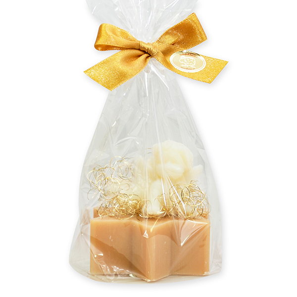 Schafmilchseife Stern 80g dekoriert mit Seifenengel 20g in Cello, Zirbe 