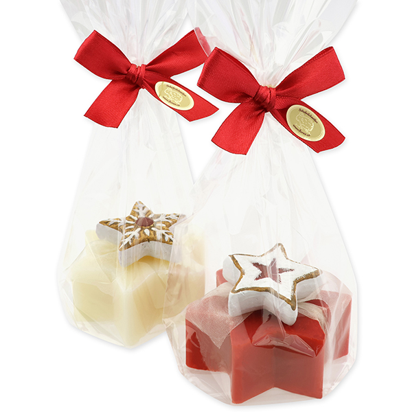 Sheep milk soap star 80g, decorated with gingerbread deco in a cellophane, Classic/pomegranate 