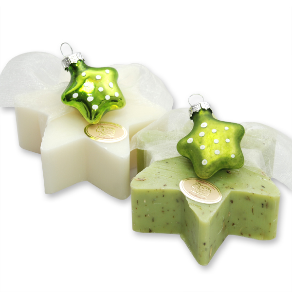 Sheep milk soap star 80g, decorated with a glass christmas ball, Classic/verbena 